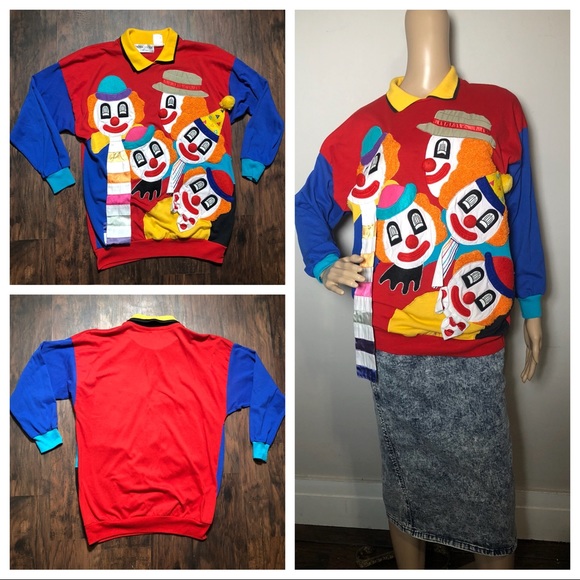 Vintage 8s Colorful Clown Sweater Size 